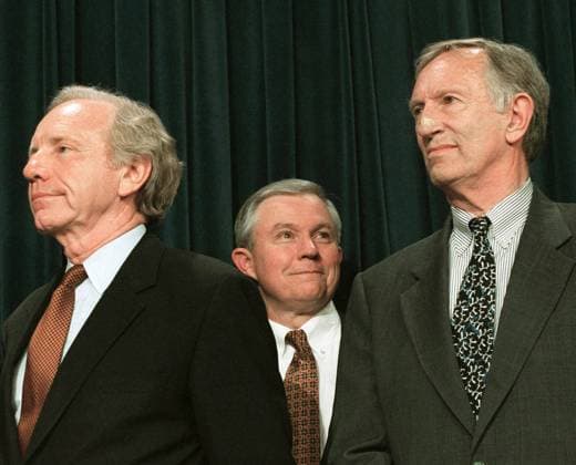 6 14 01 EDUCATION FINAL PASSAGE--Sen. Jeff Sessions, R-Ala., middle, smiles at Sen. James M. Jeffords, I-Vt., right, as Jeffords is recognized by a Democrat speaker for his contributions to the education bill. Sen. Joseph I. Lieberman, D-Conn., is at left. CONGRESSIONAL QUARTERLY PHOTO BY SCOTT J. FERRELL EDITORIAL USE ONLY Copyright: xx x cqphotos014741