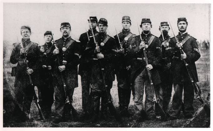 Company I of the 57th Massachusetts Company I of the 57th Massachusetts went into fighting in the Battle of the Wilderness on May 6 numbering 86 men. Several weeks later, these nine men, commanded by Sergeant R. K. Williams at right, were all that was left. Wilderness VA United States EDITORIAL USE ONLY Copyright: xx MES02264 x picturehistory013327