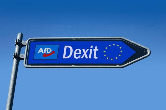 Wegweiser mit Dexit Wegweiser mit Dexit, 23.01.2024, Borkwalde, Brandenburg, In einem Wegweiser steht der Schriftzug Dexit mit den Symbolen von AfD und der EU. *** Signpost with Dexit Signpost with Dexit, 23 01 2024, Borkwalde, Brandenburg, In a signpost is the lettering Dexit with the symbols of AfD and the EU