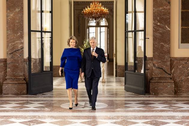 Entertainment Themen der Woche KW04 Entertainment Bilder des Tages Queen Mathilde of Belgium and King Philippe - Filip of Belgium pictured during a New Year s reception organized by the Royal Family, for the heads of the European institutions and the diplomats and chiefs of mission (ambassadors and consuls) accredited to the European institutions, at the Royal Castle, in Laken Laeken, Brussels, Tuesday 23 January 2024.  JAMESxARTHURxGEKIERE 84493283