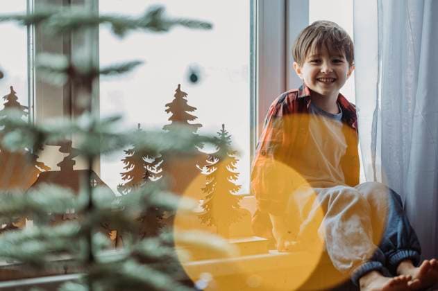 Smiling boy sitting on window sill near Christmas decoration at home model released, Symbolfoto property released, ANAF02620