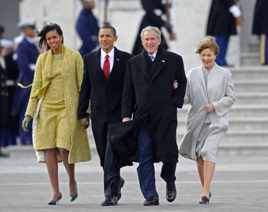 Bush and Cheney Departure Ceremony Washington, DC - January 20, 2009 -- Former United States President George W. Bush (2-R) and his wife Laura (R) are escorted to a waiting helicopter by President Barack Obama (2-L) and his wife Michelle as Bush departs from the U.S. Capitol after the swearing in of Obama as the 44th President of the United States during the 56th Presidential Inauguration ceremony in Washington, D.C., USA 20 January 2009..Credit: Tannen Maury - Pool via CNP Washington District of Columbia United States of America EDITORIAL USE ONLY Copyright: xx THM10 TannenxMauryx cnpphotos015288