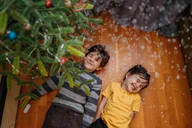 Cheerful brothers lying on floor under Christmas tree at home model released, Symbolfoto property released, ANAF02650