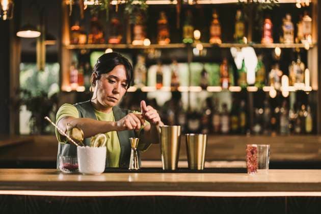 Bartender preparing cocktails in bar model released, Symbolfoto property released, DAMF01276