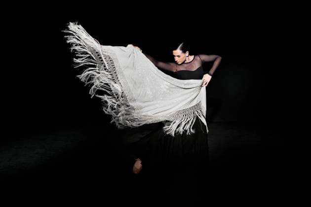 Creative Highlights Symbolbilder Young flamenco dancer performing with shawl against black background model released, Symbolfoto property released, MRRF02739