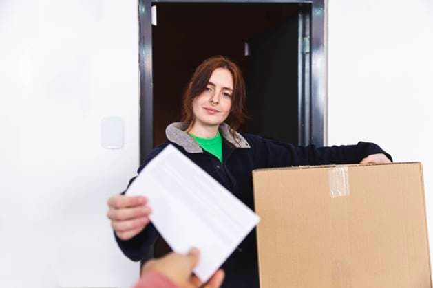 Delivery woman passing receipt to customer model released, Symbolfoto property released, PCLF00969