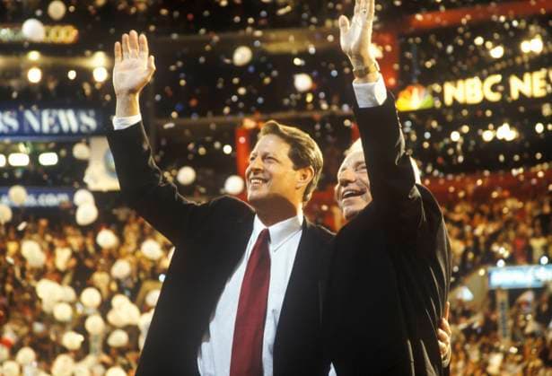 Former Vice President Al Gore and Senator Joe Liebermans acceptance speech at the 2000 Democratic Convention at the Staples Center, Los Angeles, CA Former Vice President Al Gore and Senator Joe Liebermans acceptance speech at the 2000 Democratic Convention at the Staples Center, Los Angeles, CA <br>Model Release: No<br>Property Release: No EDITORIAL USE ONLY Copyright: xx VOA14-1285 JoexSohmx voaphotos009672
