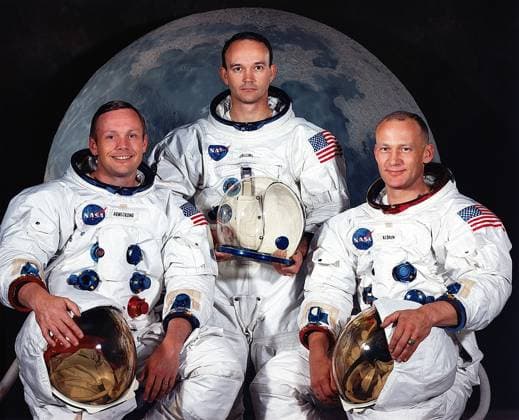 The Apollo 11 Prime Crew Houston, TX - (FILE) -- Portrait of the prime crew of the Apollo 11 lunar landing mission taken on May 1, 1969. From left to right they are: Commander, Neil A. Armstrong, Command Module Pilot, Michael Collins, and Lunar Module Pilot, Edwin E. Aldrin Jr. On July 20th 1969 at 4:18 PM, EDT the Lunar Module Eagle landed in a region of the Moon called the Mare Tranquillitatis, also known as the Sea of Tranquillity. After securing his spacecraft, Armstrong radioed back to earth: Houston, Tranquility Base here, the Eagle has landed . At 10:56 p.m. that same evening and witnessed by a worldwide television audience, Neil Armstrong stepped off the Eagle s landing pad onto the lunar surface and said: That s one small step Copyright: xx NASAx cnpphotos016237