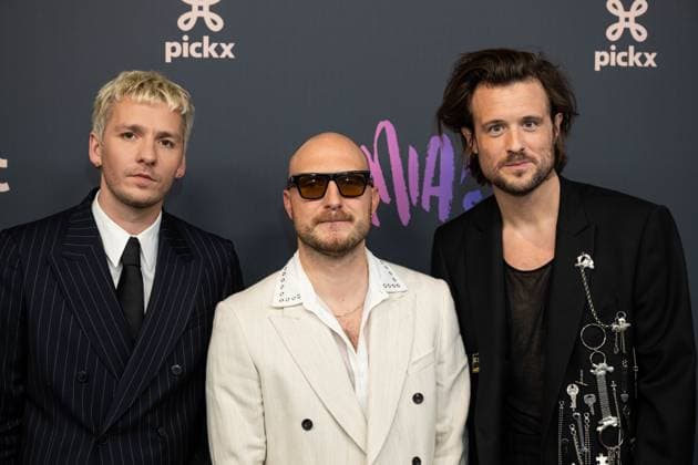 Singer-keyboard player Olivier Symons of Bazart, Singer-guitarist Simon Nuytten of Bazart and Singer Mathieu Terryn of Bazart pictured on the red carpet at the 16th edition of the MIA s (Music Industry Award) award show, in Antwerp, Wednesday 24 January 2024. The Music Industry Awards are the Flemish Music prizes handed out by the VRT and VI.BE.  JONASxROOSENS 84569871