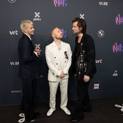 Singer-keyboard player Olivier Symons of Bazart, Singer-guitarist Simon Nuytten of Bazart and Singer Mathieu Terryn of Bazart pictured on the red carpet at the 16th edition of the MIA s (Music Industry Award) award show, in Antwerp, Wednesday 24 January 2024. The Music Industry Awards are the Flemish Music prizes handed out by the VRT and VI.BE.  JONASxROOSENS 84569873