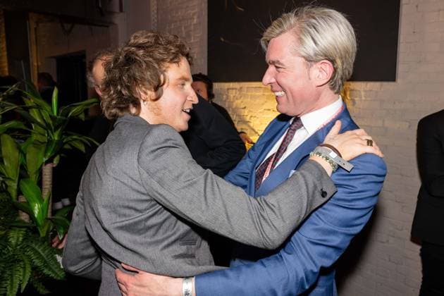 Jente Pironet of Portland and radio host Showbizz Bart (Bart Verbeeck) celebrate after the 16th edition of the MIA s (Music Industry Award) award show, in Antwerp, Wednesday 24 January 2024. The Music Industry Awards are the Flemish Music prizes handed out by the VRT and VI.BE.  JONASxROOSENS 84574928