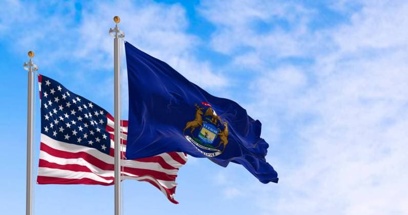 Michigan state flag and national american flag waving in the wind on a clear day Michigan state flag and national american flag waving in the wind on a clear day. Pride and patriotism concept. 3d illustration render. Rippling fabric Copyright: xZoonar.com ValerioxRosatix 20938669