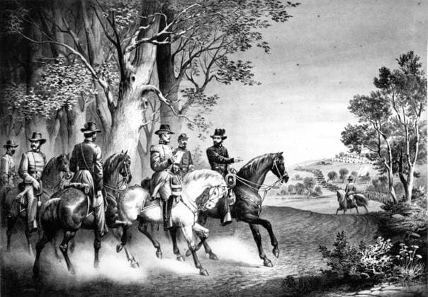 Meeting of Generals Grant and Lee This illustration depicts the meeting of Confederate General Robert E. Lee and Union General Ulysses S. Grant on horseback prior to Lee surrendering his entire army to Grant. Appomattox Court House VA United States EDITORIAL USE ONLY Copyright: xx 1860.0309 x picturehistory017564