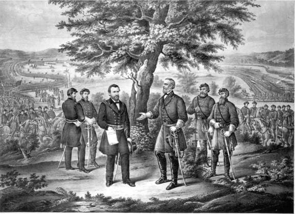 The Surrender of General Lee This illustration depicts Union General Ulysses S. Grant handing Confederate General Robert E. Lee the terms of surrender with both armies extending behind them into the distance. Appomattox Court House VA United States EDITORIAL USE ONLY Copyright: xx 1860.0312 x picturehistory017565
