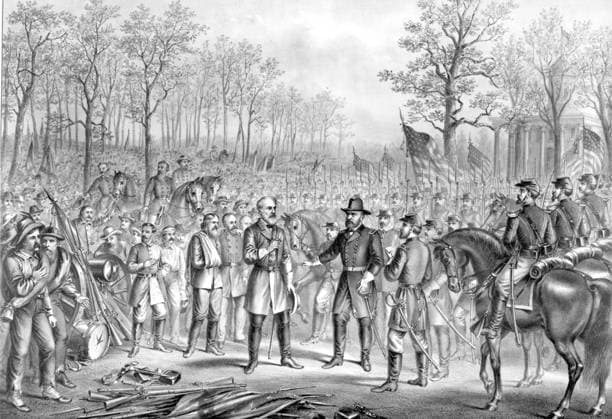 Capitulation & Surrender of Robert E. Lee This illustration depicts the capitulation & surrender of Confederate General Robert E. Lee and his Army to Union General Ulysses S. Grant at Appomattox Court House, Virginia. The men of both armies extend into the distance behind the generals. Appomattox Court House VA United States EDITORIAL USE ONLY Copyright: xx 1860.0313 x picturehistory017566