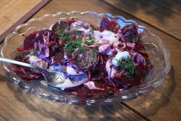 Red beet salad with a creamy dressing and dill garnish, healthy vegetarian dish in a glass bowl, selected focus Red beet salad with a creamy dressing and dill garnish, healthy vegetarian dish in a glass bowl, selected focus, narrow depth of field Copyright: xZoonar.com NarenxWinterx 20987836