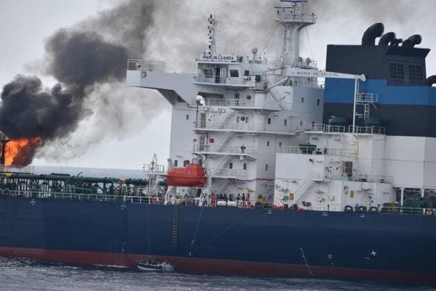 RECORD DATE NOT STATED 261964.jpg Oil tanker Marlin Luanda has caught fire 60 nautical miles southeast of Aden in Yemen after a missile attack by Houthi fighters based in Yemen on Jan 26, 2024. The ship s owner, Trafigura, said the Marlin Luanda was struck by a missile as it transited the Red Sea on Friday. Houthi brigadier general Yahya Saree called the Marlin Luanda a British tanker and said the attack was in support of the oppressed Palestinian people and in response to the American-British aggression against our country. Indian Navy photo handout taken from INS Visakhapatnam via EYEPRESS EDITORIAL USE ONLY  Copyright: xx 261964 x eyepress123190