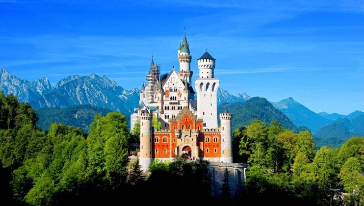 Schloss Neuschwanstein in der Sonne und grünem Wald und blauem Himmel, bei Füssen im Allgäu, Bayern, Deutschland, Europa *** Castle Neuschwanstein in the Sun and green Forest and blue Heaven, at Feet at Allgäu, Bavaria, Germany, Europe Copyright: imageBROKER Dirkxv.xMallinckrodt ibldvm10122918.jpg
