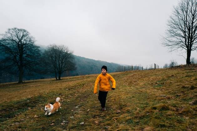 Creative Highlights Symbolbilder A boy runs through a field with his corgi dog, cloudy Pec pod Sn??kou, Hradec Králové Region, Czechia R_UJEL240126BB-1317962-01 ,model released, Symbolfoto