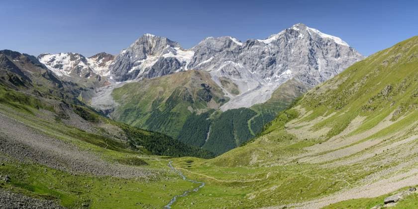 The Ortler Alps near Sulden (South Tyrol, Italy) on a sunny day in summer (Ortler, Koenigspitze, Gran Zebru) Stilfs Italy