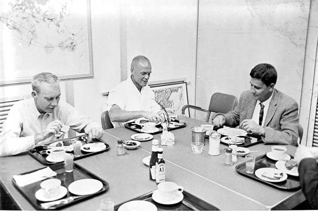 Glean Eats Breakfast Prior to MA-6 Flight Astronaut John H. Glenn, Jr. (center) eats breakfast on February 20, 1962 prior to his launch from Cape Canaveral, Florida into Earth-orbit aboard Friendship 7. Dr. William K. Douglas is at right. Unidentified person at left may be Astronaut Donald K. Deke Slayton. Credit: NASA via CNP Cape Canaveral Florida United States of America EDITORIAL USE ONLY Copyright: xx S62-00966 NASAx cnpphotos032454