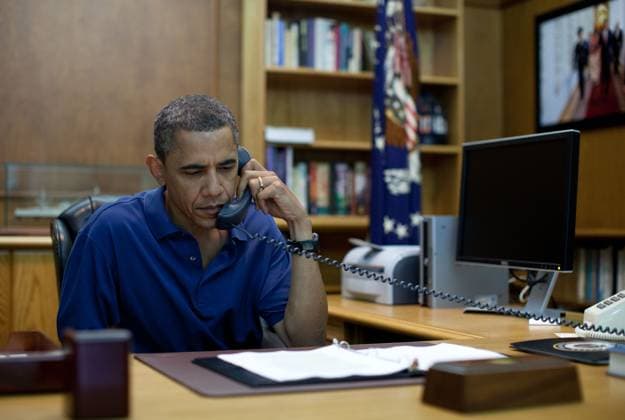Conference Call on Afghaniastan Tragedy United States President Barack Obama holds a conference call from Camp David during a briefing on the tragedy in Afghanistan with U.S. Secretary of Defense Leon Panetta, Admiral Mike Mullen, Chairman of the Joint Chiefs of Staff, National Security Advisor Tom Donilon and Chief of Staff Bill Daley, Saturday, August 6, 2001..Mandatory Credit: Pete Souza - White House via CNP Thurmont Maryland United States of America EDITORIAL USE ONLY Copyright: xx P000611PS-0003 PetexSouzax cnpphotos033091