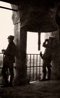 Ojetti with Colonel Cito di Filomarino on the bell tower of the church of Romans, during WWI (b w photo) 1251700 Ojetti with Colonel Cito di Filomarino on the bell tower of the church of Romans, during WWI (b w photo) by Unknown photographer, (20th century); (add.info.: Unidentified Author Romans D Isonzo, Gorizia, Italy); Fratelli Alinari Museum Collections, Florence, Italy. Copyright: xFratellixAlinarixMuseumxCollections,xFlorence,xItalyx xBridgemanxImagesx 1251700