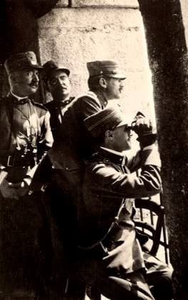 Ugo Ojetti with Colonel Cito di Filomarino and Piero Pirelli on the bell tower of the church of Romans D Isonzo, Gorizia, Italy during WWI (b w photo) 1251701 Ugo Ojetti with Colonel Cito di Filomarino and Piero Pirelli on the bell tower of the church of Romans D Isonzo, Gorizia, Italy during WWI (b w photo) by Unknown photographer, (20th century); (add.info.: Unidentified Author Romans D Isonzo, Gorizia, Italy); Fratelli Alinari Museum Collections, Florence, Italy. Copyright: xFratellixAlinarixMuseumxCollections,xFlorence,xItalyx xBridgemanxImagesx 1251701