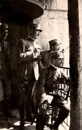 Ugo Ojetti with Colonel Cito di Filomarino and Piero Pirelli on the bell tower of the church of Romans D Isonzo, Gorizia, Italy, during WWI (b w photo) 1251702 Ugo Ojetti with Colonel Cito di Filomarino and Piero Pirelli on the bell tower of the church of Romans D Isonzo, Gorizia, Italy, during WWI (b w photo) by Unknown photographer, (20th century); (add.info.: Unidentified Author Romans D Isonzo, Gorizia, Italy); Fratelli Alinari Museum Collections, Florence, Italy. Copyright: xFratellixAlinarixMuseumxCollections,xFlorence,xItalyx xBridgemanxImagesx 1251702