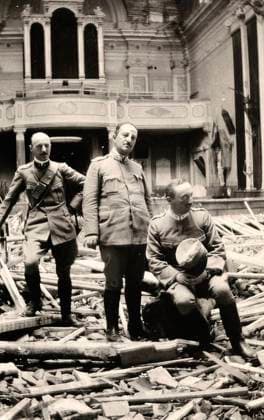 Captain Moretti with Piero Pirelli in the church of Santo Spirito in Gradisca, bombed during WWI (b w photo) 1251706 Captain Moretti with Piero Pirelli in the church of Santo Spirito in Gradisca, bombed during WWI (b w photo) by Ojetti, Ugo (1871-1946) ; (add.info.: Ojetti, Ugo Gradisca D Isonzo, Gorizia, Italy); Fratelli Alinari Museum Collections, Florence, Italy. Copyright: xFratellixAlinarixMuseumxCollections,xFlorence,xItalyx xBridgemanxImagesx 1251706