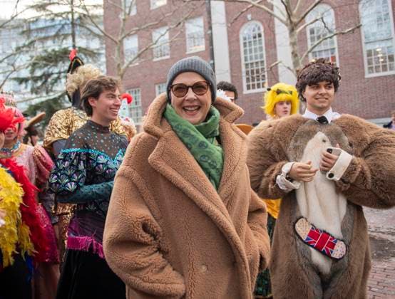 US actress Annette Bening reacts before a parade, through the Harvard Yard in her honor, as she is named the Harvard University s Hasty Pudding Theatricals 2024 Woman of the Year in Cambridge, MA on Tuesday, February 06, 2024.  BOS20240206003 AmandaxSabga