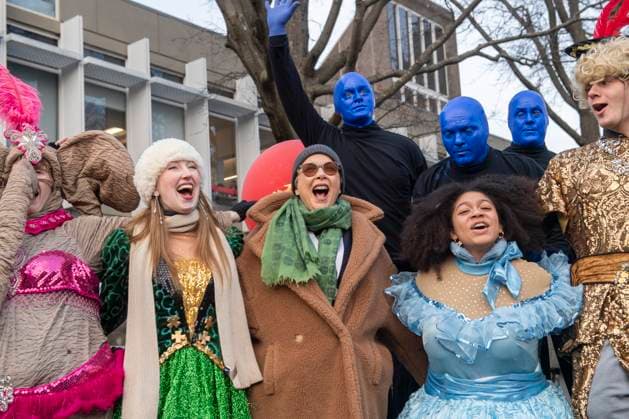 US actress Annette Bening, flanked by Harvard students, does a high reacts with students following a parade, through the Harvard Yard in her honor, as she is named the Harvard University s Hasty Pudding Theatricals 2024 Woman of the Year in Cambridge, MA on Tuesday, February 06, 2024.  BOS20240206031 AmandaxSabga