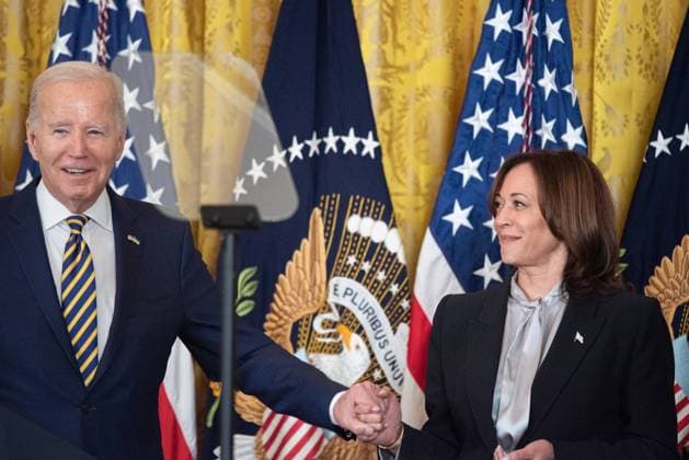 United States President Joe Biden holds United States Vice President Kamala Harris hand as he recognizes her in his remarks at the Black History Month Reception at the White House in Washington, DC on Tuesday, February 6, 2024.  WAX2240206216 AnnabellexGordon