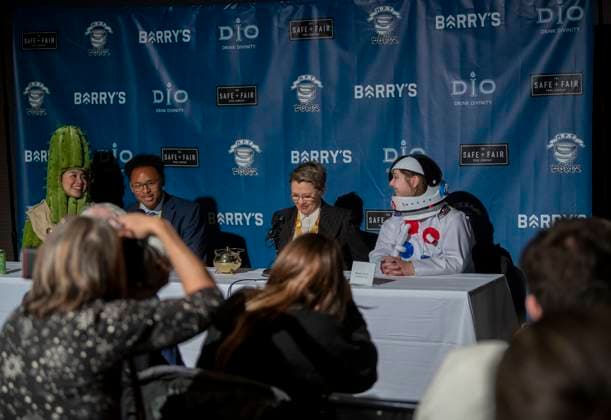 US actress Annette Bening, joined by Harvard students, reacts as she takes questions during a press conference, following a roast in her honor, as she is named the Harvard University s Hasty Pudding Theatricals 2024 Woman of the Year in Cambridge, MA on Tuesday, February 06, 2024.  BOS20240206041 AmandaxSabga