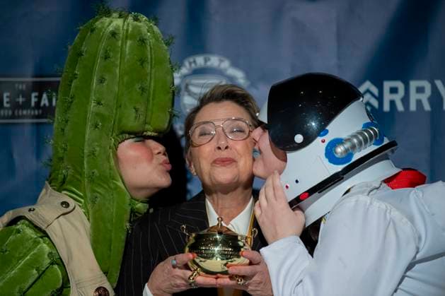 US actress Annette Bening is kissed by Harvard students Crystal Manyloun (L) and Maureen Clare (R) following a roast in her honor, as she is named the Harvard University s Hasty Pudding Theatricals 2024 Woman of the Year in Cambridge, MA on Tuesday, February 6, 2024.  BOS20240206054 AmandaxSabga