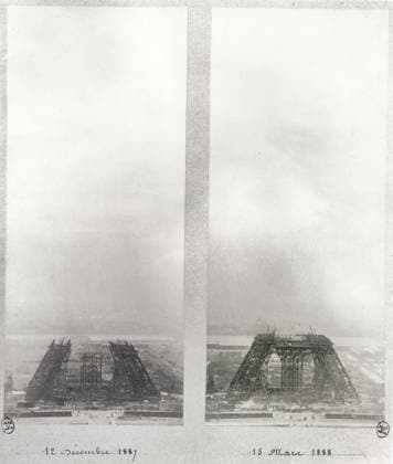 Two views of the construction of the Eiffel Tower, Paris, 12th December 1887 and 15th March 1888 (b w photo) XIR160463 Two views of the construction of the Eiffel Tower, Paris, 12th December 1887 and 15th March 1888 (b w photo) by French School, (19th century); Musee de la Ville de Paris, Musee Carnavalet, Paris, France; (add.info.: designed by Gustave Eiffel (1832-1923) for the Universal Exhibition of 1889;). Copyright: xBridgemanxImagesx 160463