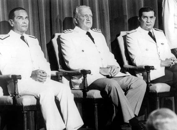Argentinian General Galtieri (Center) With Admiral Anaya Minister of Navy (R) and General Lami Doso Chief Head of Air Force June 18, 1982 (b w photo) 1648175 Argentinian General Galtieri (Center) With Admiral Anaya Minister of Navy (R) and General Lami Doso Chief Head of Air Force June 18, 1982 (b w photo); (add.info.: Argentinian General Galtieri (center) with admiral Anaya minister of navy (r) and general Lami Doso chief head of air force june 18, 1982). Copyright: xBridgemanxImagesx 1648175
