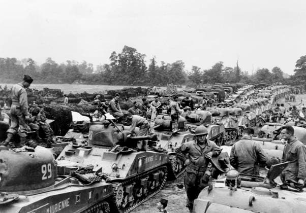 The French 2nd Armored Division landing in Normandy : Armored Divisions of the French Army equiped with American tanks Sherman (here a M4A2) coming out from LST (Landing Ship Tank) on August 1st, 1944 landing on Utah Beach, photo NARA 1703268 The French 2nd Armored Division landing in Normandy : Armored Divisions of the French Army equiped with American tanks Sherman (here a M4A2) coming out from LST (Landing Ship Tank) on August 1st, 1944 landing on Utah Beach, photo NARA; (add.info.: The French 2nd Armored Division landing in Normandy : Armored Divisions of the French Army equiped with american tanks Sherman (here a M4A2) coming out from LST (Landing Ship Tank) on august 1st, 1944 landing on Utah Beach, photo NARA). Copyright: xBridgemanxImagesx 1703268