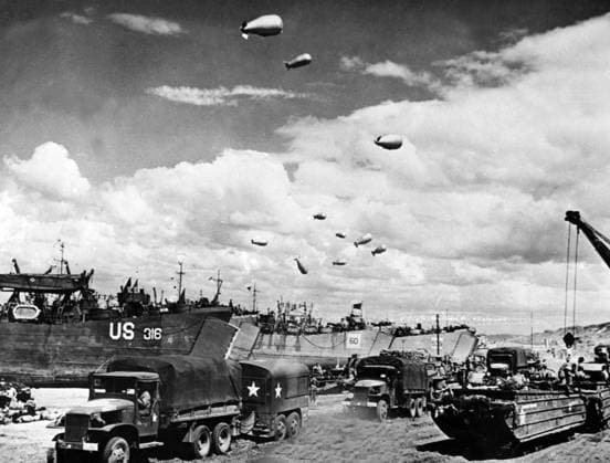 Overlord operation: US LST, trucks and aerostats, Omaha beach, 1944 (photo) 1706623 Overlord operation: US LST, trucks and aerostats, Omaha beach, 1944 (photo); (add.info.: Debarquement de Normandie (Operation Overlord) a Omaha beach, vue des LST (Landing Ship Tank), camions GMC, chars, ballons captifs americains, juin 1944 Neg22081PL Overlord operation in Normandy, june 1944 : american equipment : LST (Landing Ship Tank), trucks and aerostats). Copyright: xBridgemanxImagesx 1706623