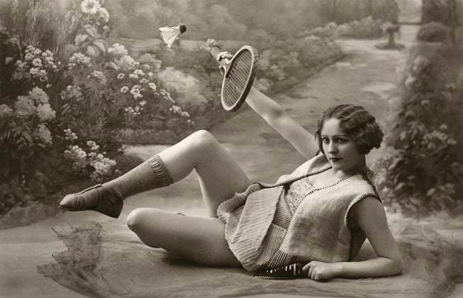 Reclining Woman Playing Badminton, French Postcard, 1910  Copyright: xJTxVintagex xGlasshousexImagesx jtv004876