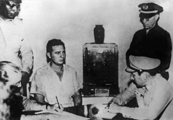 Fidel Castro during his interrogation after the attack of the Moncada barracks in Santiago de Cuba, 26th July 1953 (b w photo) 1717735 Fidel Castro during his interrogation after the attack of the Moncada barracks in Santiago de Cuba, 26th July 1953 (b w photo); (add.info.: Fidel Castro (b. 1926) Cuban politician and revolutionary. This led to the creation by Fidel Castro of 26th of July Movement or M-26-7.). Copyright: xBridgemanxImagesx 1717735