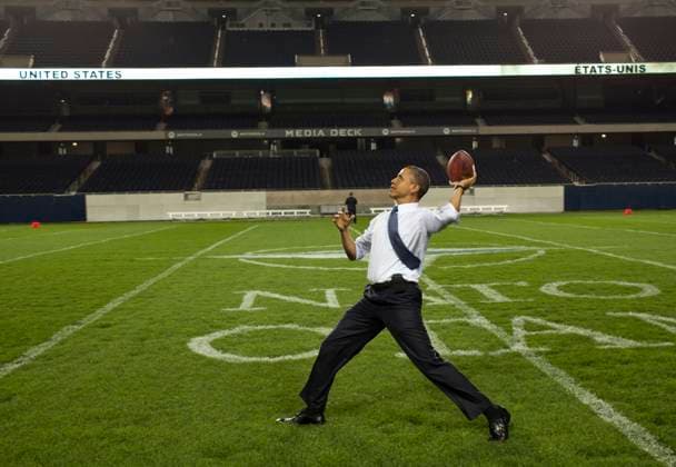 Set to Pass United States President Barack Obama throws a football on the field at Soldier Field following the NATO working dinner in Chicago, Illinois, Sunday, May 20, 2012. Mandatory Credit: Pete Souza - White House via CNP Chicago Illinois United States of America EDITORIAL USE ONLY Copyright: xx P052012PS-0932 PetexSouzax cnpphotos039555
