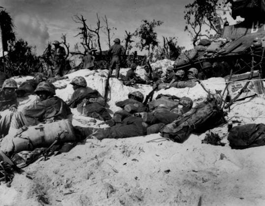 African-American Marines, Battle of Peleliu, 15th September 1944 (b w photo) 1720216 African-American Marines, Battle of Peleliu, 15th September 1944 (b w photo) by American Photographer, (20th century); (add.info.: Peleliu battle, september 15, 1944 : African-American marines moving on the beach). Copyright: xBridgemanxImagesx 1720216