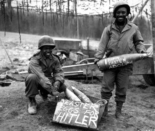 William E. Thomas and Pfc. Joseph Jackson prepare to roll eggs on Adolf Hitler s lawn, Easter Morning, 1945 (b w photo) 1721277 William E. Thomas and Pfc. Joseph Jackson prepare to roll eggs on Adolf Hitler s lawn, Easter Morning, 1945 (b w photo) by Unknown photographer, (20th century); (add.info.: Easter morning, William E. Thomas and Pfc. Joseph Jackson will roll specially prepared eggs on Adolf Hitler s lawn, march 10, 1945, Germany). Copyright: xBridgemanxImagesx 1721277