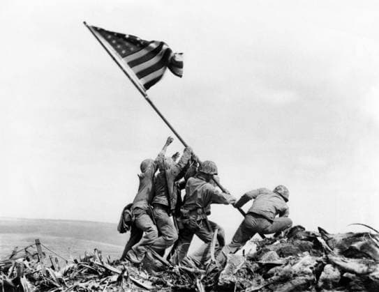 Raising the Flag on Iwo Jima, February 23, 1945 1727907 Raising the Flag on Iwo Jima, February 23, 1945 by Rosenthal, Joe (1911-2006); (add.info.: Raising the Flag on Iwo Jima, photo by Joe Rosenthal, february 23, 1945). Please note: The artwork in this photograph is in copyright. It is your responsibility to ensure this additional copyright is cleared prior to use. Please contact Bridgeman Images if you require further assistance; however, please be advised that Bridgeman does not currently hold contact information for the copyright handler of this artwork. Copyright: xBridgemanxImagesx 1727907