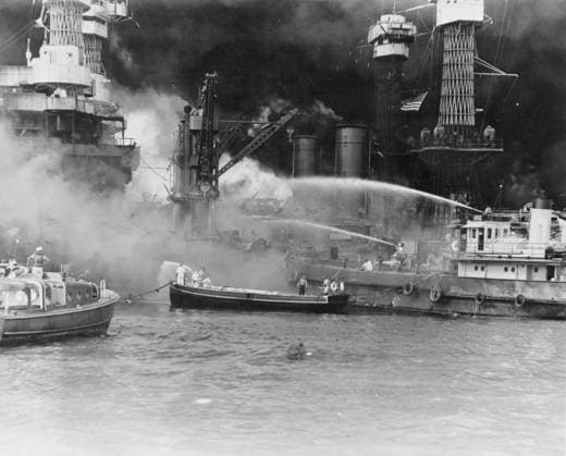 USS West Virginia ablaze at Pearl Harbor, 1941 (b w photo) 1766208 USS West Virginia ablaze at Pearl Harbor, 1941 (b w photo) by American Photographer, (20th century); Private Collection; (add.info.: The US flag flies against a black sky as sailors fight the flames on a burning battleship. The attack by the Imperial Japanese Navy against the United States naval base at Pearl Harbor in Hawaii on the morning of December 7th 1941 led to the United States entry into World War II.). Copyright: xBridgemanxImagesx 1766208