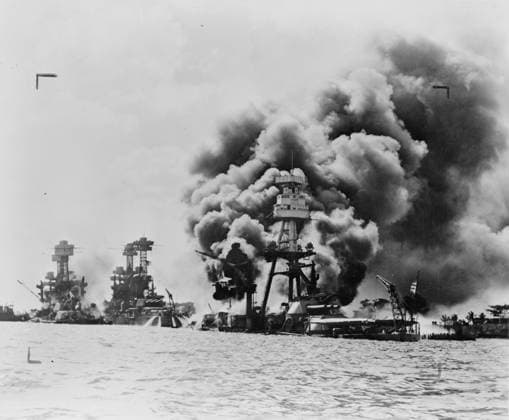 Damaged USS West Virginia and Tennessee with USS Arizona sunk at Pearl Harbor, 1941 (b w photo) 1766210 Damaged USS West Virginia and Tennessee with USS Arizona sunk at Pearl Harbor, 1941 (b w photo) by American Photographer, (20th century); Private Collection; (add.info.: The attack by the Imperial Japanese Navy against the United States naval base at Pearl Harbor in Hawaii on the morning of December 7th 1941 led to the United States entry into World War II.). Copyright: xBridgemanxImagesx 1766210