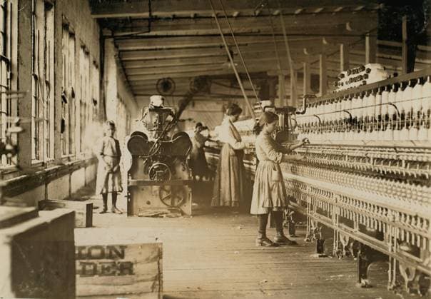 Two young spinners in Catawba Cotton Mills, Newton, North Carolina, 1908 (b w photo) 1766251 Two young spinners in Catawba Cotton Mills, Newton, North Carolina, 1908 (b w photo) by Hine, Lewis Wickes (1874-1940); Private Collection; (add.info.: Lewis Hine was an investigative photographer for the National Child Labor Committee who documented from 1908-1912 the working conditions and exploitation of children in all types of industries. ). Copyright: xBridgemanxImagesx 1766251
