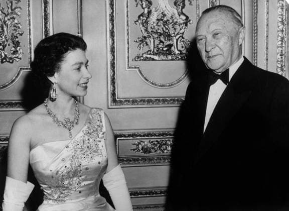 Queen Elizabeth and Conrad Adenauer 1859411 Queen Elizabeth and Conrad Adenauer by Unknown photographer, (20th century); (add.info.: Queen Elizabeth II of England with german chancellor Conrad Adenauer in London, april 17, 1958). Copyright: xBridgemanxImagesx 1859411