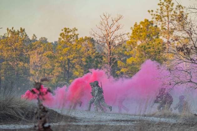January 29, 2024 - North Carolina, USA - Army paratroopers run into the breach during a live-fire exercise as part of Operation Devil Strike at Fort Liberty, N.C., January. 29, 2024. The brigade-sized joint forcible entry validation exercise is designed to test readiness. USA - ZUMAz03_ 20240129_shv_z03_681 Copyright: xU.S.xArmyx